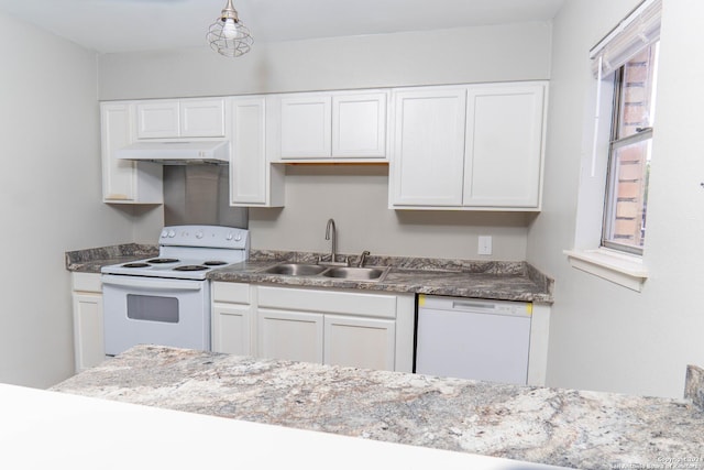 kitchen with white cabinetry, sink, white appliances, and plenty of natural light