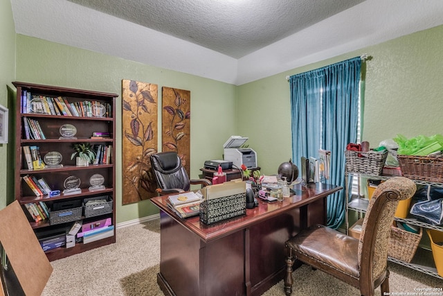 office featuring a textured ceiling, carpet, and lofted ceiling