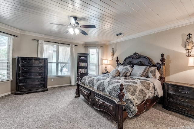 bedroom featuring carpet floors, ceiling fan, multiple windows, and wooden ceiling