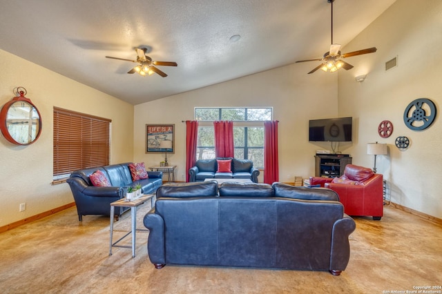 living room with a textured ceiling, ceiling fan, light colored carpet, and high vaulted ceiling