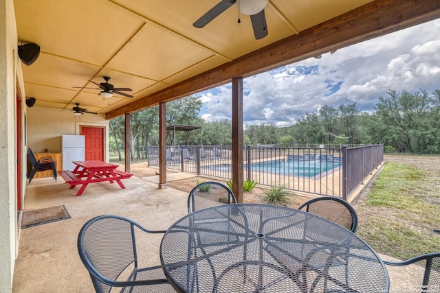 view of patio featuring ceiling fan and a fenced in pool