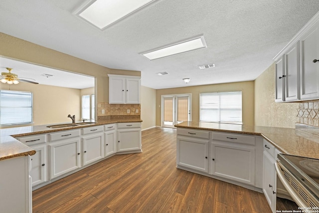 kitchen featuring kitchen peninsula, electric stove, dark wood-type flooring, white cabinets, and sink