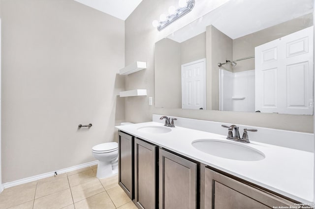 bathroom featuring tile patterned floors, toilet, vanity, and a shower