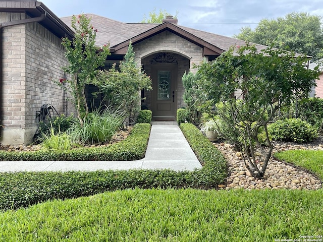 view of exterior entry with a shingled roof and brick siding