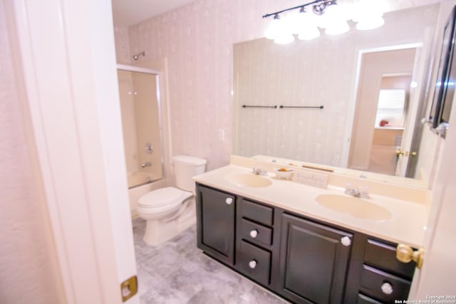 full bathroom with shower / bath combination with glass door, vanity, and toilet