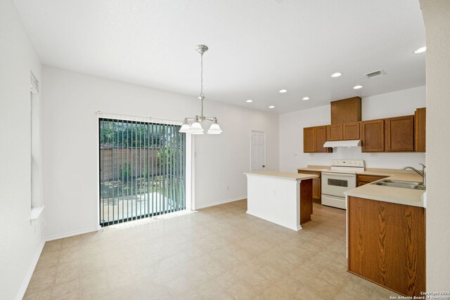 kitchen with light tile patterned flooring, a chandelier, white electric stove, pendant lighting, and sink