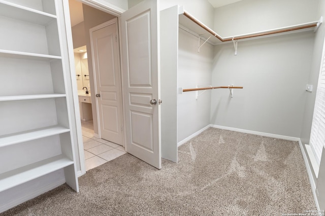 walk in closet with light carpet