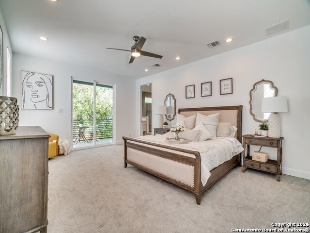 bedroom with access to outside, carpet floors, and ceiling fan