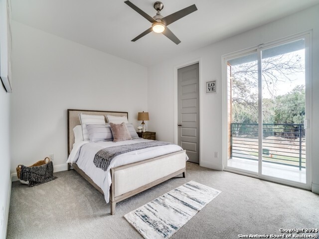 bedroom with carpet floors, ceiling fan, and access to exterior