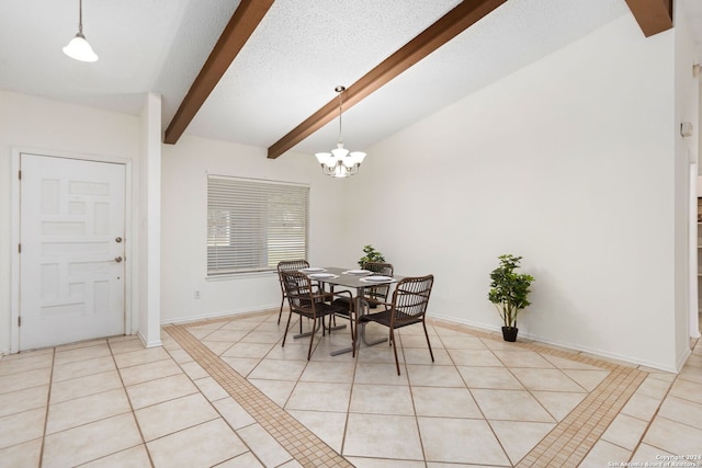 tiled dining room with beamed ceiling, a chandelier, and a textured ceiling