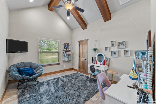 office featuring beam ceiling, high vaulted ceiling, light tile patterned floors, and ceiling fan