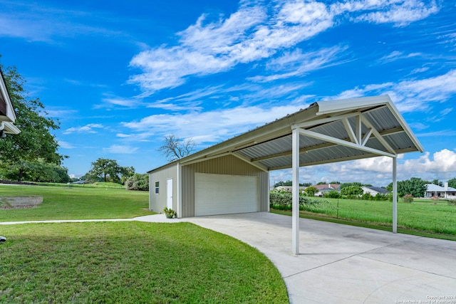 exterior space featuring an outdoor structure and a lawn