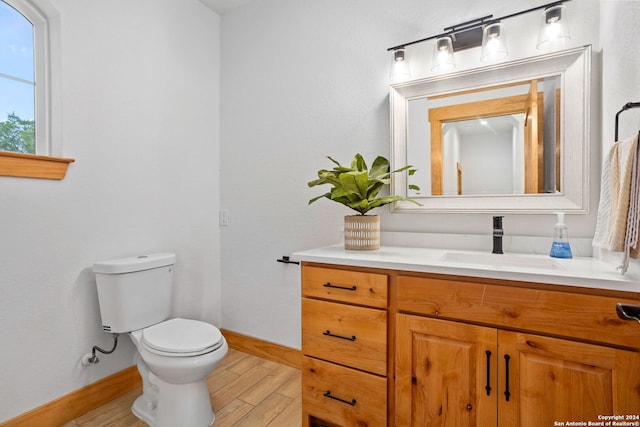 bathroom featuring vanity, wood-type flooring, and toilet