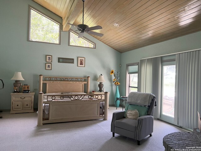 bedroom with light carpet, access to exterior, and wood ceiling