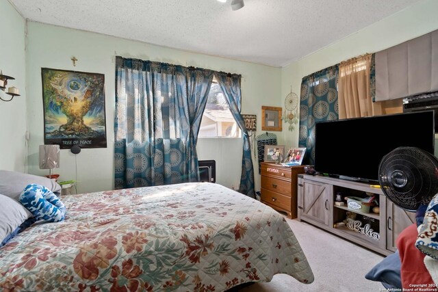 carpeted bedroom with a textured ceiling