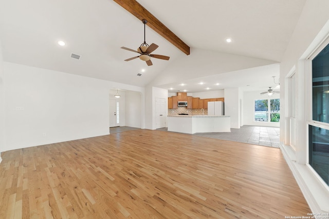 unfurnished living room featuring light hardwood / wood-style floors, beamed ceiling, ceiling fan, and high vaulted ceiling