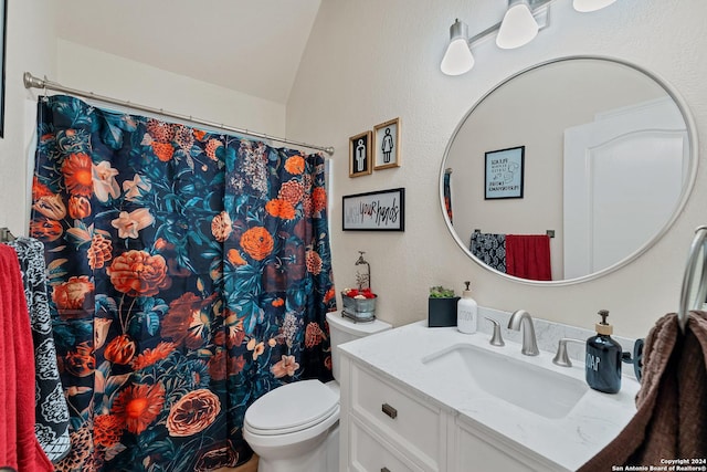 bathroom with toilet, vanity, and lofted ceiling