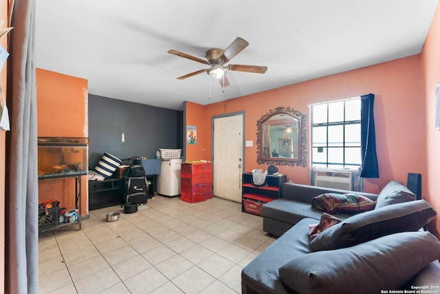 living room featuring ceiling fan, cooling unit, and light tile patterned floors