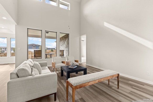 living room with hardwood / wood-style floors and a towering ceiling