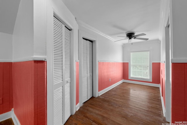 unfurnished bedroom with ornamental molding, ceiling fan, dark hardwood / wood-style floors, and multiple closets