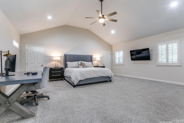 bedroom with ceiling fan, carpet floors, and vaulted ceiling