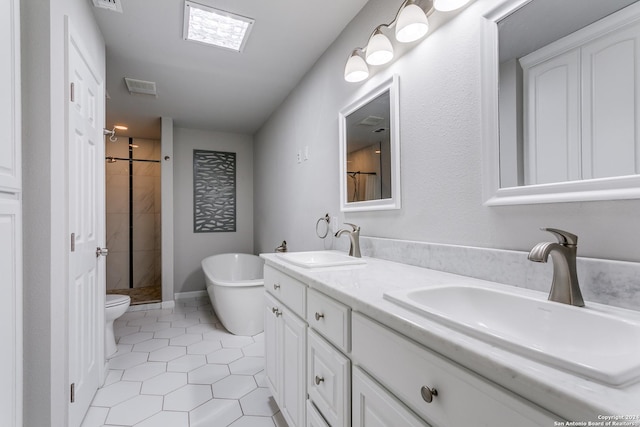 full bathroom featuring toilet, independent shower and bath, tile patterned flooring, and vanity