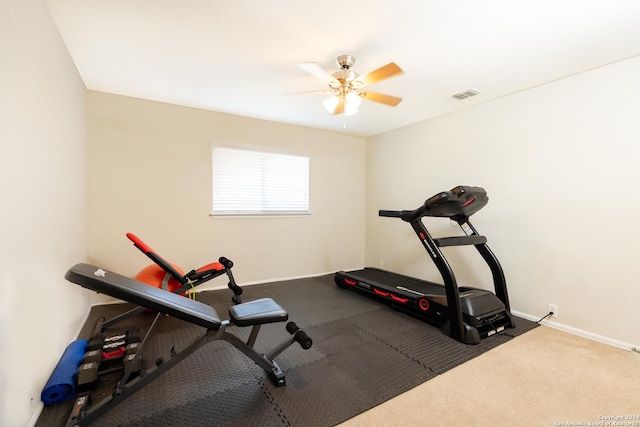 workout room featuring ceiling fan and carpet