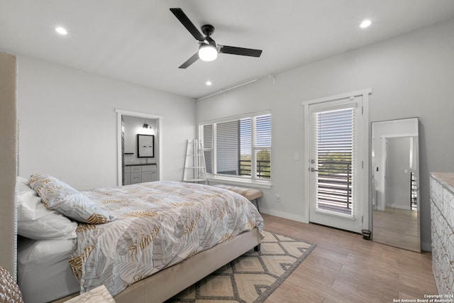 bedroom with ensuite bathroom, ceiling fan, light hardwood / wood-style flooring, and access to exterior