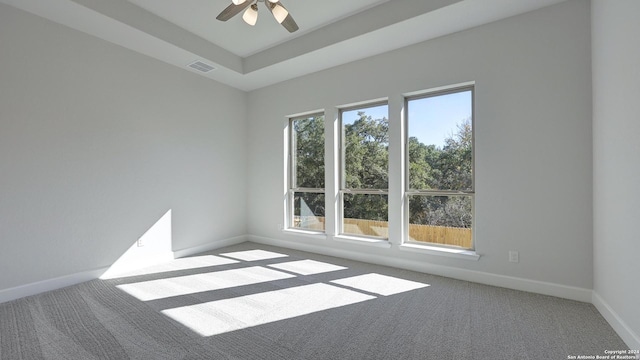 unfurnished room with ceiling fan, a raised ceiling, and carpet flooring