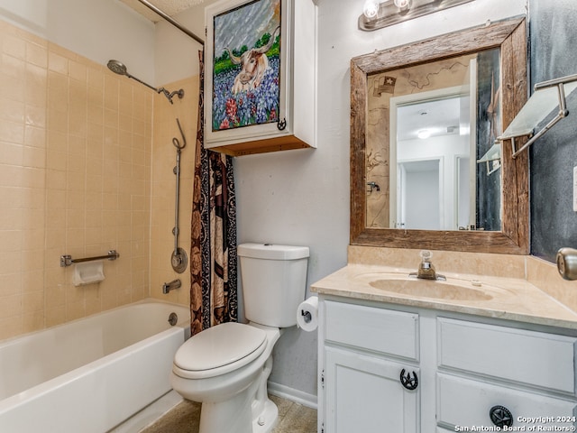 full bathroom with shower / bath combo with shower curtain, toilet, and vanity