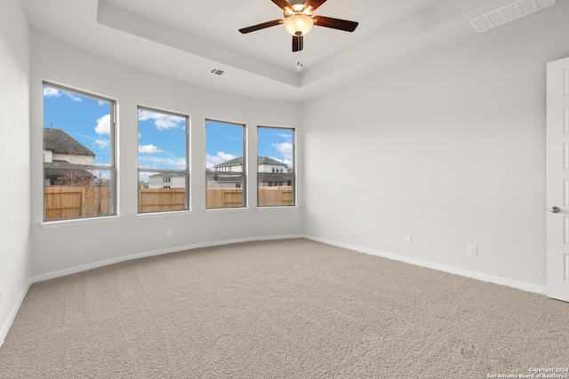 carpeted spare room with ceiling fan, a healthy amount of sunlight, and a tray ceiling