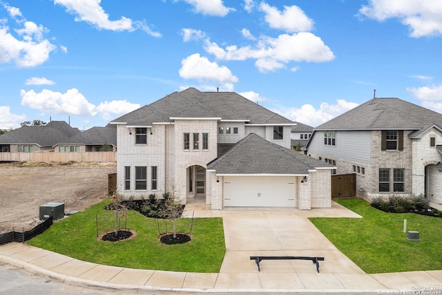 view of front of property with a front yard and a garage