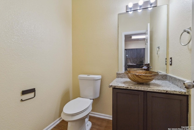 bathroom featuring wood-type flooring, toilet, and vanity