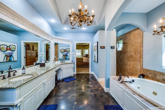 full bath featuring visible vents, baseboards, connected bathroom, vanity, and a whirlpool tub