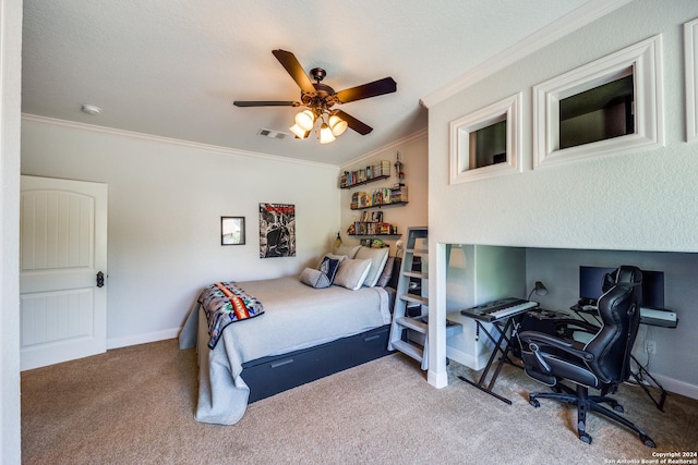 bedroom featuring carpet floors, visible vents, crown molding, and baseboards