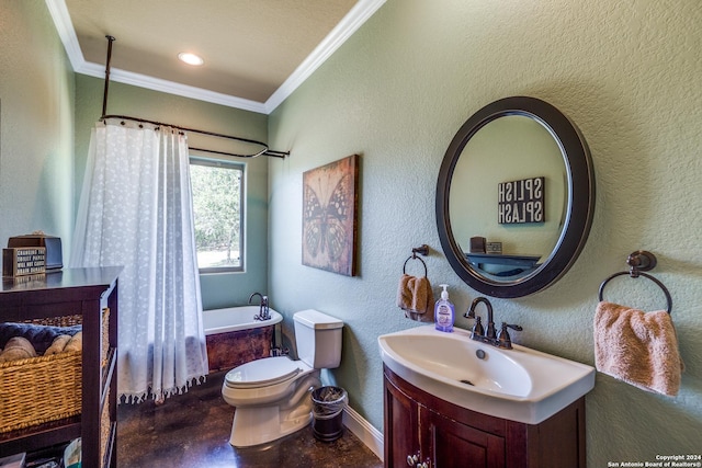 bathroom featuring a textured wall, toilet, a tub, crown molding, and vanity