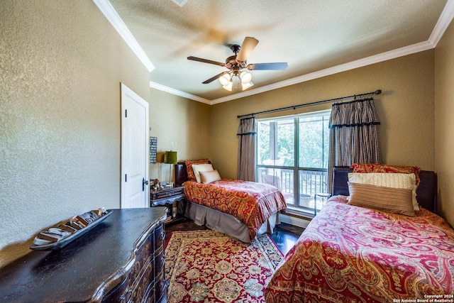 bedroom featuring a textured ceiling, wood finished floors, crown molding, and a textured wall