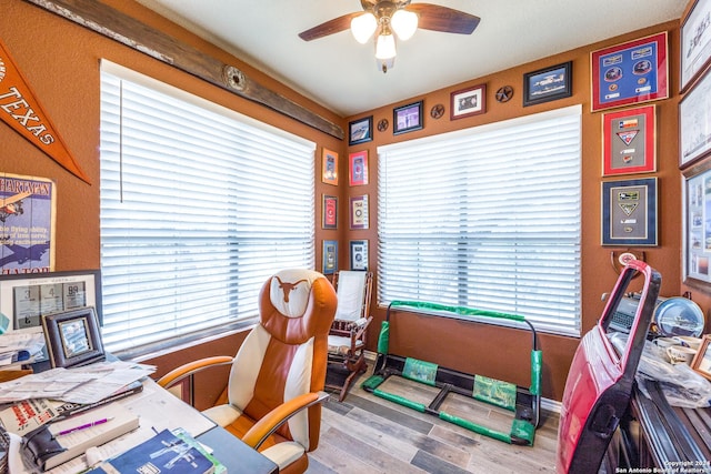 office space with ceiling fan, baseboards, and wood finished floors