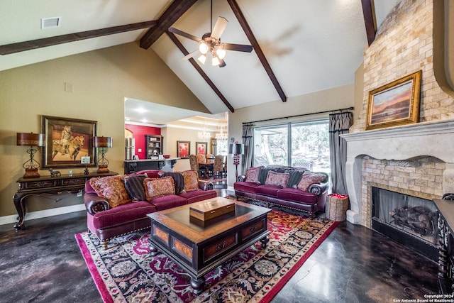 living area with high vaulted ceiling, concrete floors, a fireplace, visible vents, and beamed ceiling