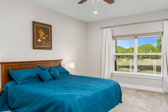 bedroom featuring multiple windows, carpet, a ceiling fan, and baseboards