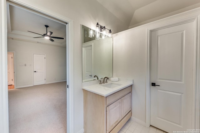 bathroom with vanity, lofted ceiling, and ceiling fan