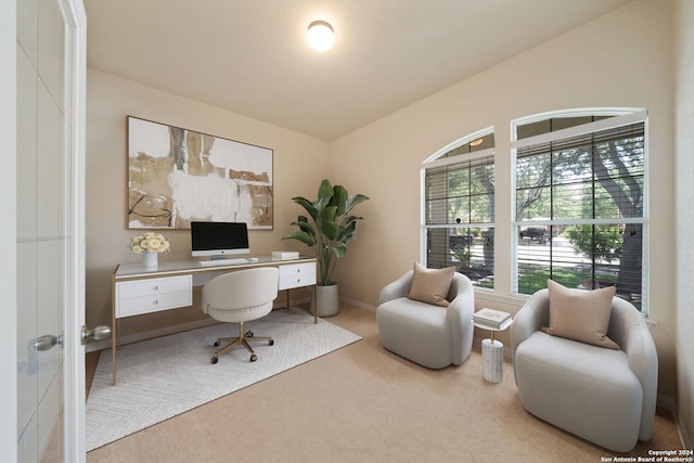 office area with carpet flooring and lofted ceiling