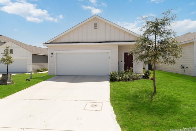 single story home with an attached garage, driveway, board and batten siding, and a front yard