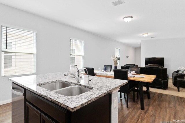 kitchen featuring visible vents, dishwasher, dark wood-style floors, open floor plan, and a sink