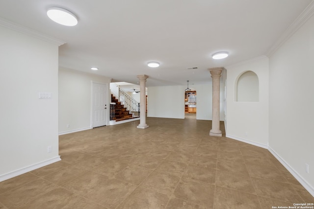 basement with visible vents, stairway, crown molding, and baseboards