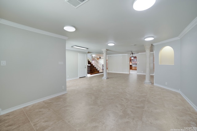 interior space with ceiling fan and ornamental molding