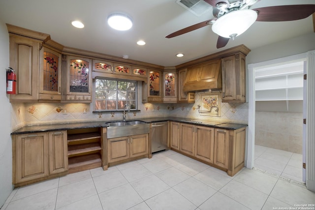 kitchen featuring a sink, glass insert cabinets, custom range hood, a ceiling fan, and dishwasher