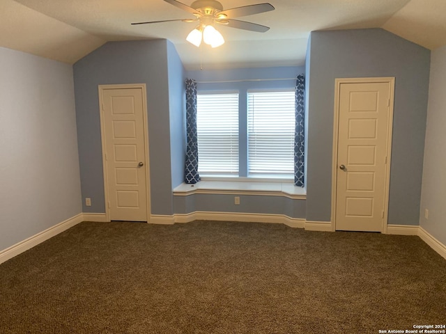 bonus room featuring ceiling fan, carpet flooring, and vaulted ceiling