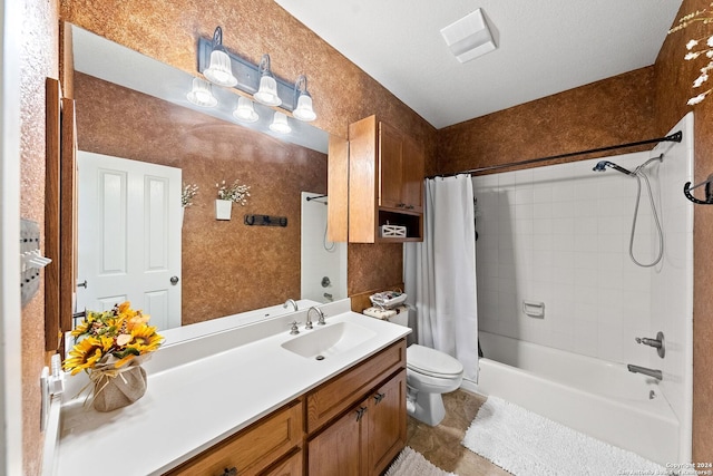 bathroom with shower / tub combo, vanity, toilet, and wallpapered walls