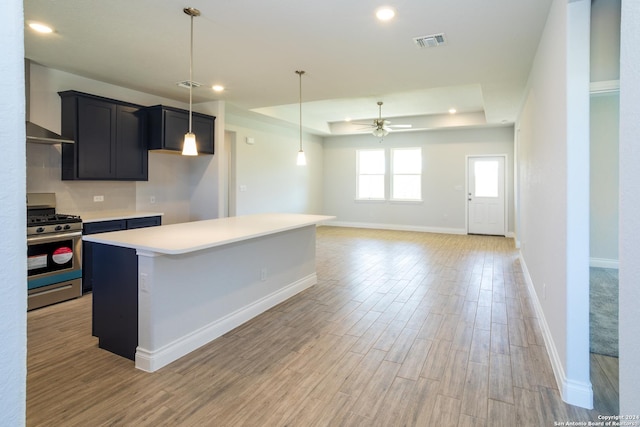 kitchen with a raised ceiling, a center island, ceiling fan, light hardwood / wood-style flooring, and gas range